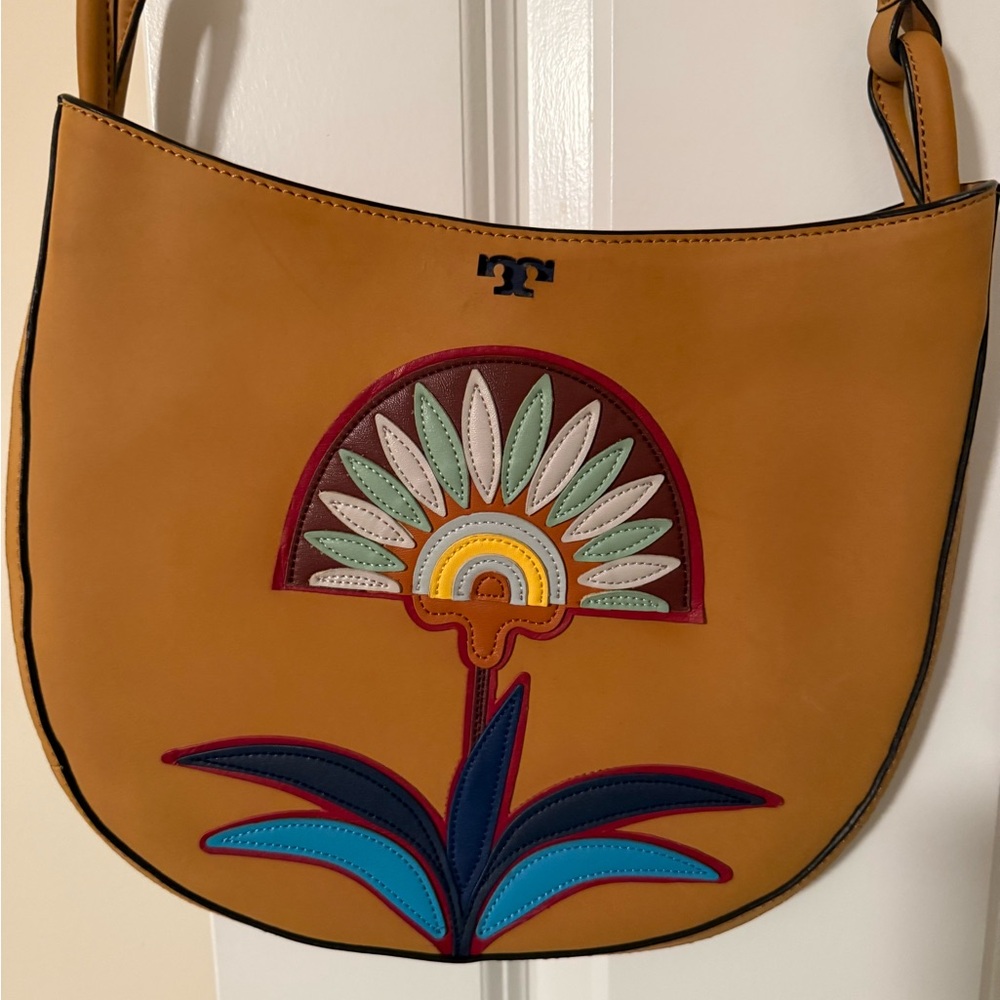 Tory Burch Tan Shoulder Bag with Colorful Floral Design